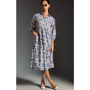 Anthropologie Maeve The Bettina Tiered Shirt Midi Dress Buttondown Sapphire Sz M